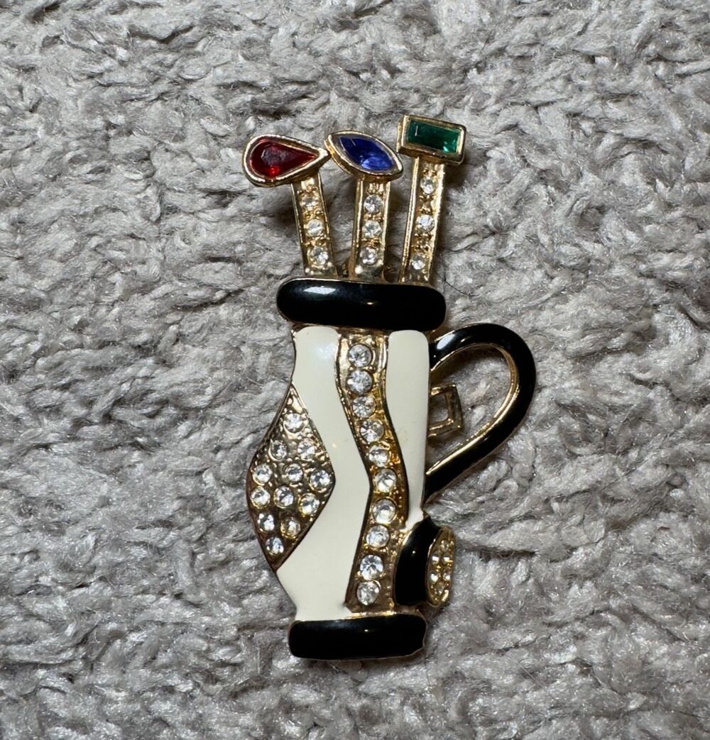 Vintage Golf Bag Pin Brooch Black White Enamel Multicolor Rhinestones Art Deco